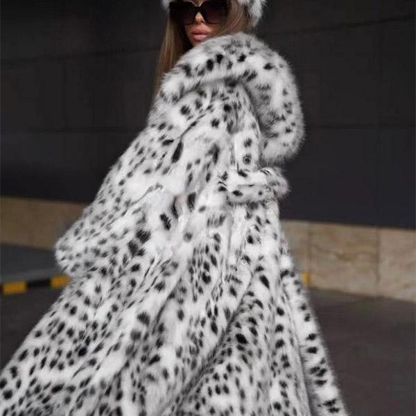 Faux Fur Overcoat Hooded Leopard Print Open Front Women's Outerwear