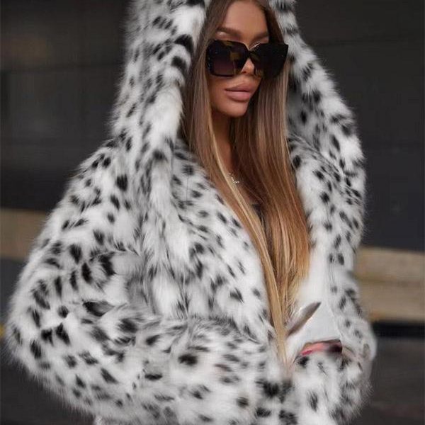 Faux Fur Overcoat Hooded Leopard Print Open Front Women's Outerwear