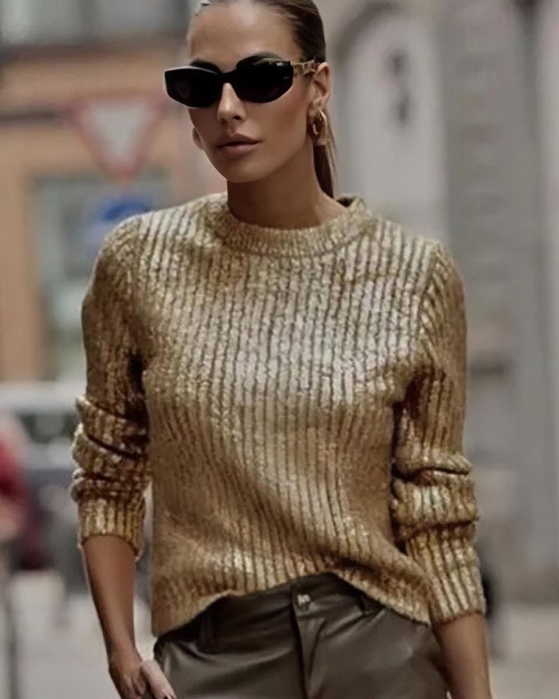 Gold Crochet Sweater Round Neck Long Sleeves Oversized Pullover