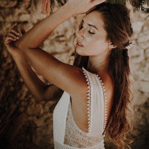 Ivory Boho Chiffon Pleated A-Line With Train Backless Sleeveless V-Neck Wedding Dress