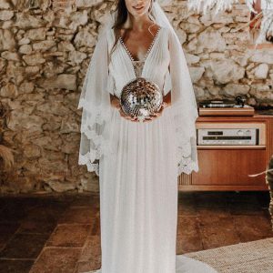 Ivory Boho Chiffon Pleated A-Line With Train Backless Sleeveless V-Neck Wedding Dress - Image 2
