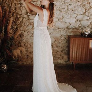 Ivory Boho Chiffon Pleated A-Line With Train Backless Sleeveless V-Neck Wedding Dress - Image 4