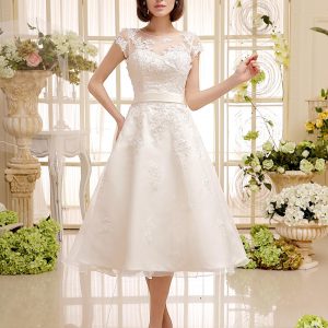 Ivory Lace Up Vintage A Line Tea Length Bridal Short  Dress Free Customization