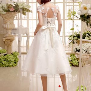 Ivory Lace Up Vintage A Line Tea Length Bridal Short  Dress Free Customization - Image 3