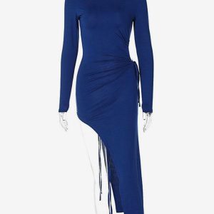 Jewel Neck Midi Dress Long Sleeves Sexy Lace Up Long Dress - Image 3