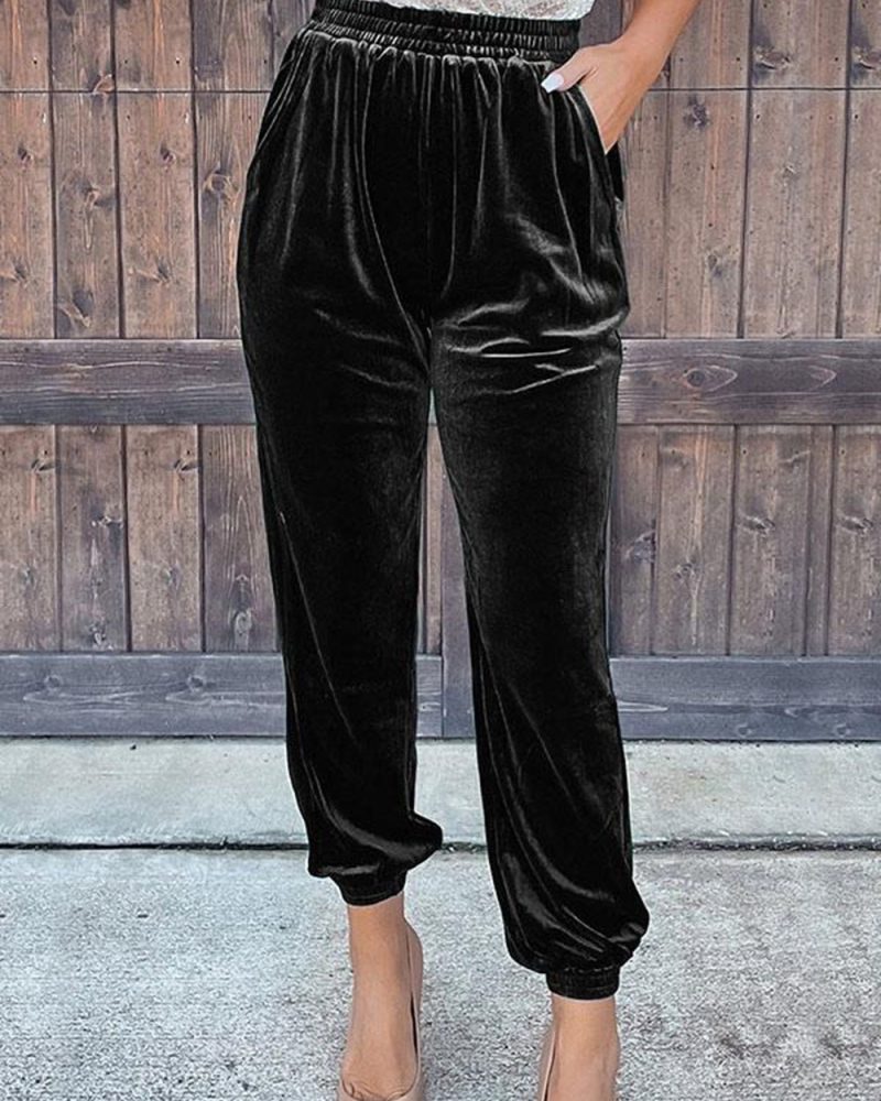 Pants Pleated Polyester Stretch Raised Waist Trousers
