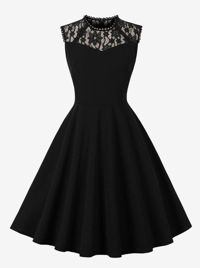 Retro Dress Crewneck Lace 1950s Audrey Hepburn Style Sleeveless Knee Length Black Rockabilly Dress