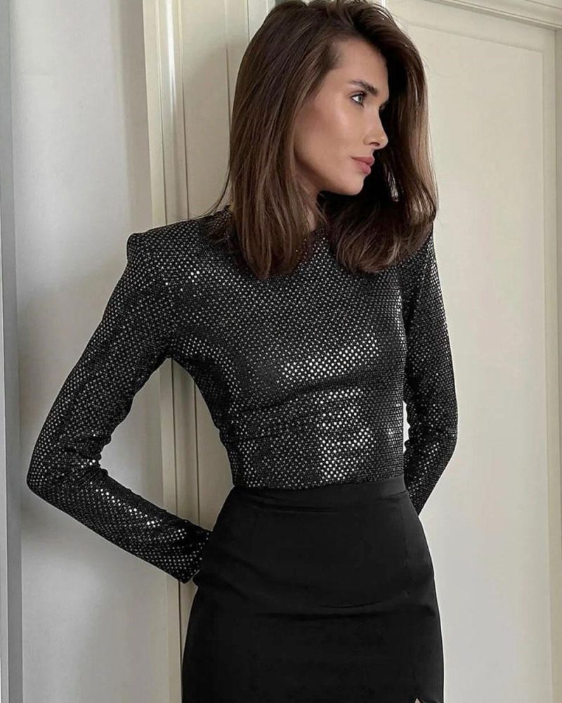 Sequins Undershirt Padded Shoulder Round Neck Long Sleeves Layering Top