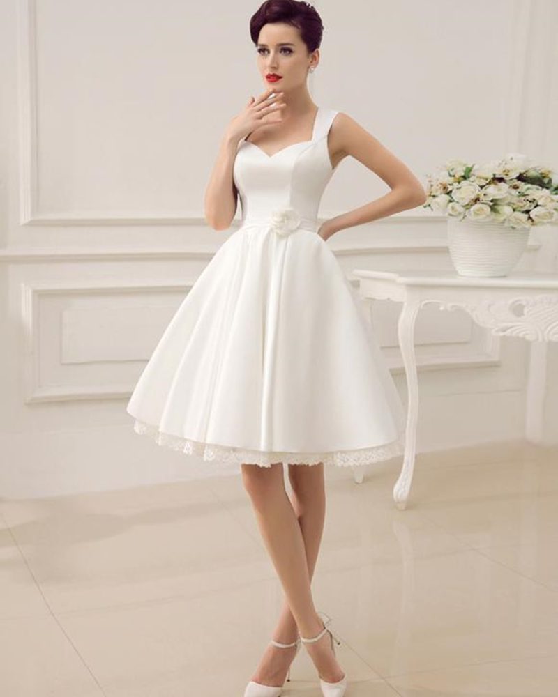 Short Wedding Dress Satin 1950S Vintage Sweetheart Neckline Applique Bridal Dress Free Customization