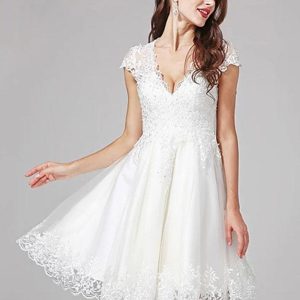 Short Wedding Dress V-Neck Short Sleeves A-Line Short Bridal Gowns