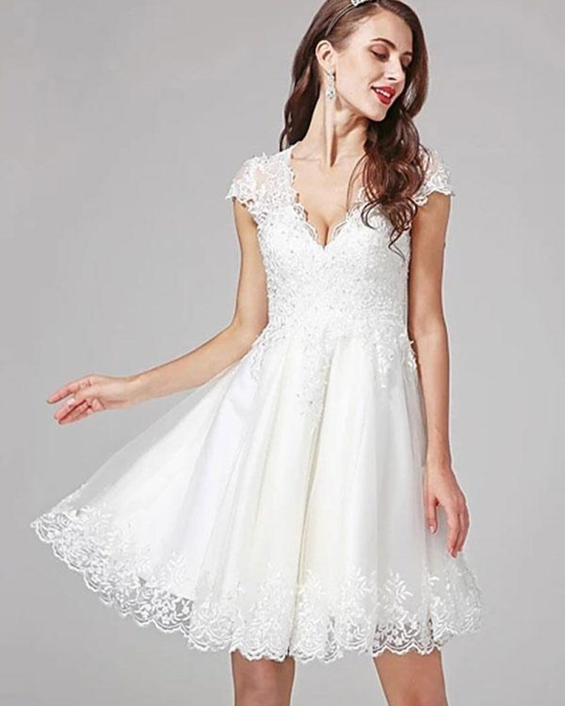 Short Wedding Dress V-Neck Short Sleeves A-Line Short Bridal Gowns