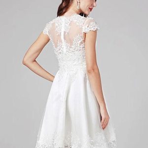 Short Wedding Dress V-Neck Short Sleeves A-Line Short Bridal Gowns - Image 3