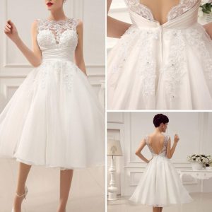 Short Wedding Dress Vintage Lace Beading Pleated Sequins Backless Bridal Dress Free Customization - Image 4