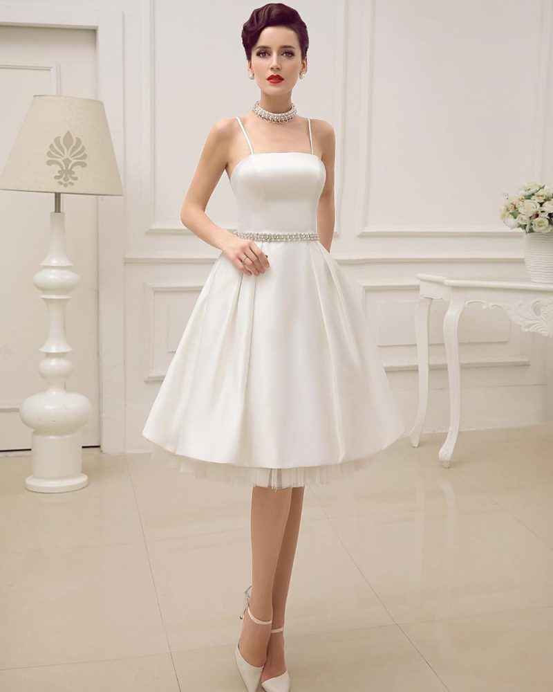 Short Wedding Dress With Pearls At Waist Vintage Spaghetti Straps Backless Satin Bridal Dress Free Customization
