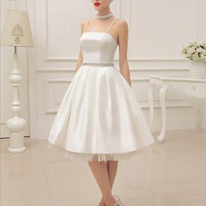 Short Wedding Dress With Pearls At Waist Vintage Spaghetti Straps Backless Satin Bridal Dress Free Customization - Image 2