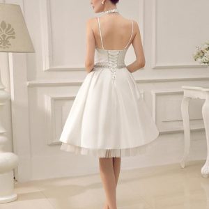 Short Wedding Dress With Pearls At Waist Vintage Spaghetti Straps Backless Satin Bridal Dress Free Customization - Image 4