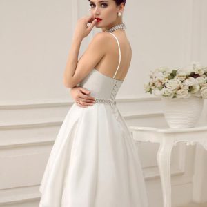 Short Wedding Dress With Pearls At Waist Vintage Spaghetti Straps Backless Satin Bridal Dress Free Customization - Image 5