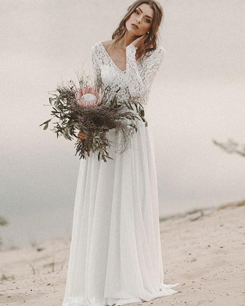 Simple A Line V Neck Long Sleeve Floor Length Chiffon Lace Beach Wedding Dresses