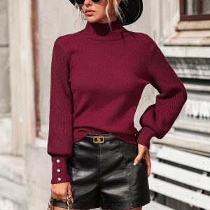 Solid Color Sweater High Collar Long Sleeves Ribbed Cuff Buttons Sweater