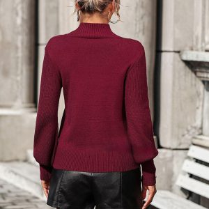 Solid Color Sweater High Collar Long Sleeves Ribbed Cuff Buttons Sweater - Image 2