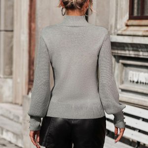 Solid Color Sweater High Collar Long Sleeves Ribbed Cuff Buttons Sweater - Image 4