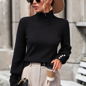 Solid Color Sweater High Collar Long Sleeves Ribbed Cuff Buttons Sweater - Image 5