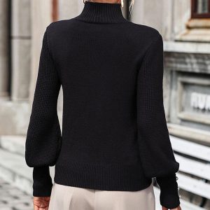 Solid Color Sweater High Collar Long Sleeves Ribbed Cuff Buttons Sweater - Image 6