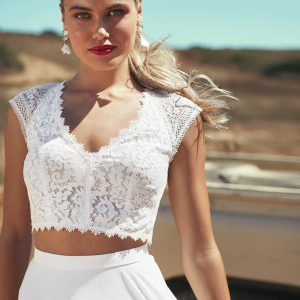 Two-piece Satin Fabric Lace V-Neck Jumpsuit Floor-Length Wedding Dress Functional Buttons Short Sleeves