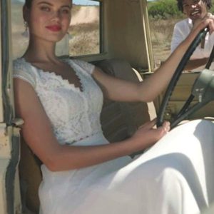 Two-piece Satin Fabric Lace V-Neck Jumpsuit Floor-Length Wedding Dress Functional Buttons Short Sleeves - Image 3