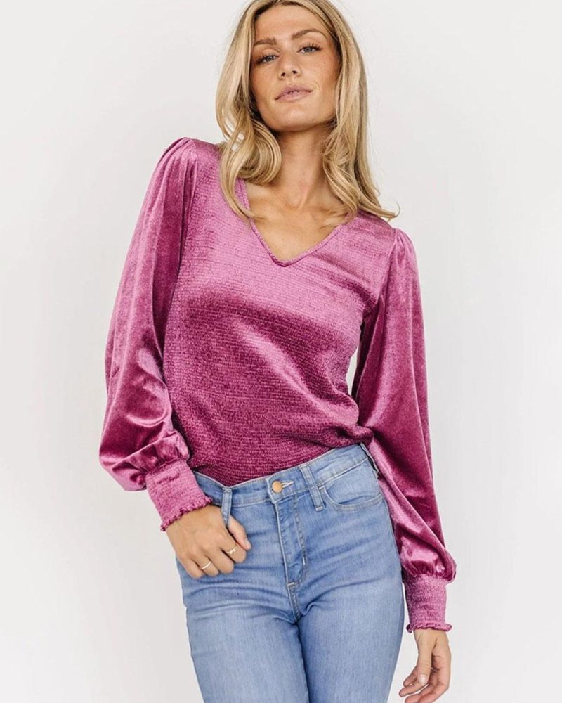 V-Neck Tees Long Sleeves Ruffles Ribbed Cuff Solid Color Pullover