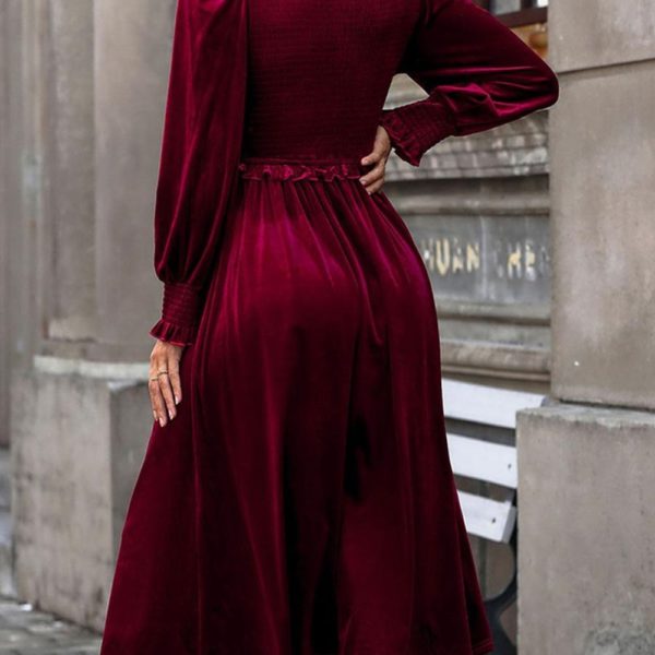 Velvet Dress Burgundy Pleated V-Neck Long Sleeves Spring Elegant Asymmetrical Long Midi Dress - Image 3
