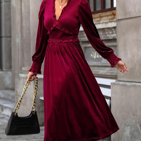 Velvet Dress Burgundy Pleated V-Neck Long Sleeves Spring Elegant Asymmetrical Long Midi Dress