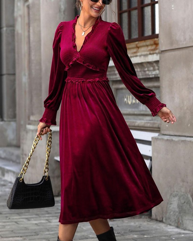 Velvet Dress Burgundy Pleated V-Neck Long Sleeves Spring Elegant Asymmetrical Long Midi Dress