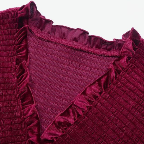 Velvet Dress Burgundy Pleated V-Neck Long Sleeves Spring Elegant Asymmetrical Long Midi Dress - Image 4
