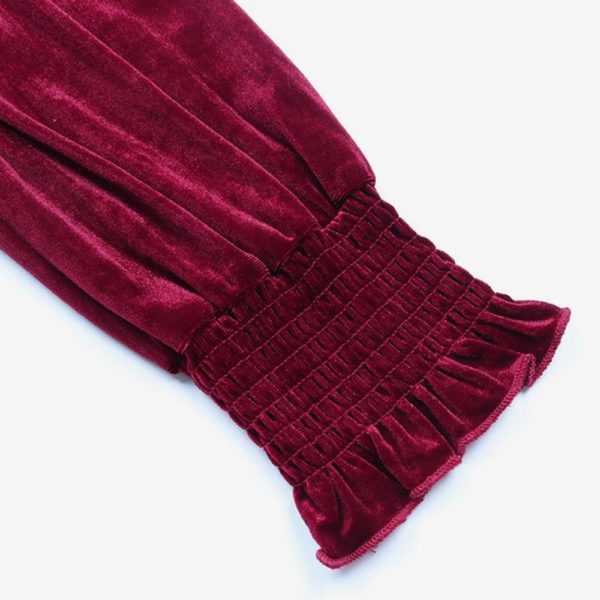 Velvet Dress Burgundy Pleated V-Neck Long Sleeves Spring Elegant Asymmetrical Long Midi Dress - Image 5
