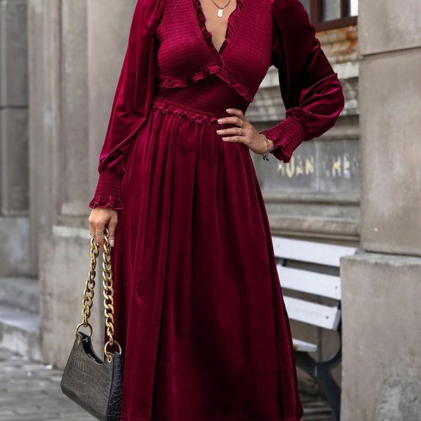 Velvet Dress Burgundy Pleated V-Neck Long Sleeves Spring Elegant Asymmetrical Long Midi Dress - Image 2