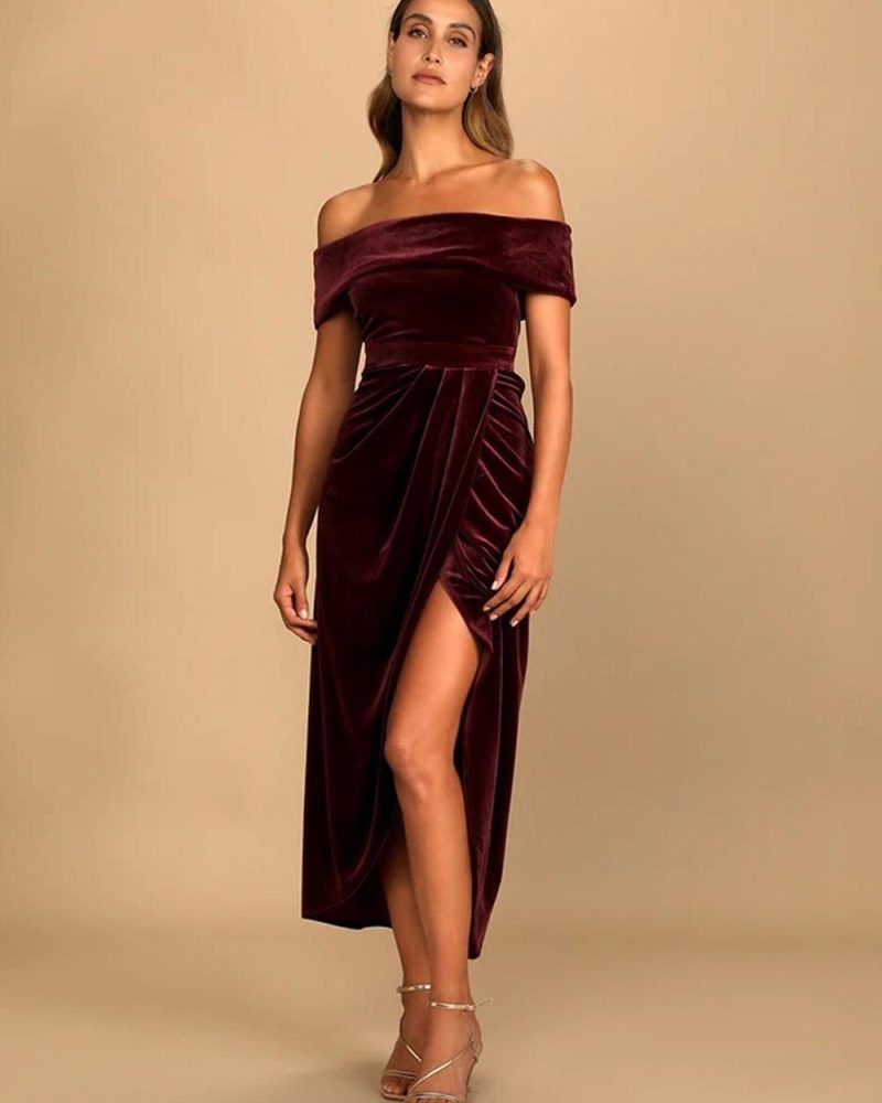Velvet Dress Off Shoulder High Slit Pleated Cocktail Prom Dresses