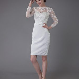 Vintage Wedding Dresses Jewel Long Sleeve Sheath Short Bridal Dress - Image 2