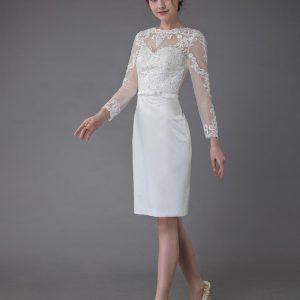 Vintage Wedding Dresses Jewel Long Sleeve Sheath Short Bridal Dress - Image 3