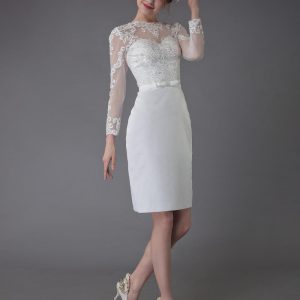 Vintage Wedding Dresses Jewel Long Sleeve Sheath Short Bridal Dress - Image 6