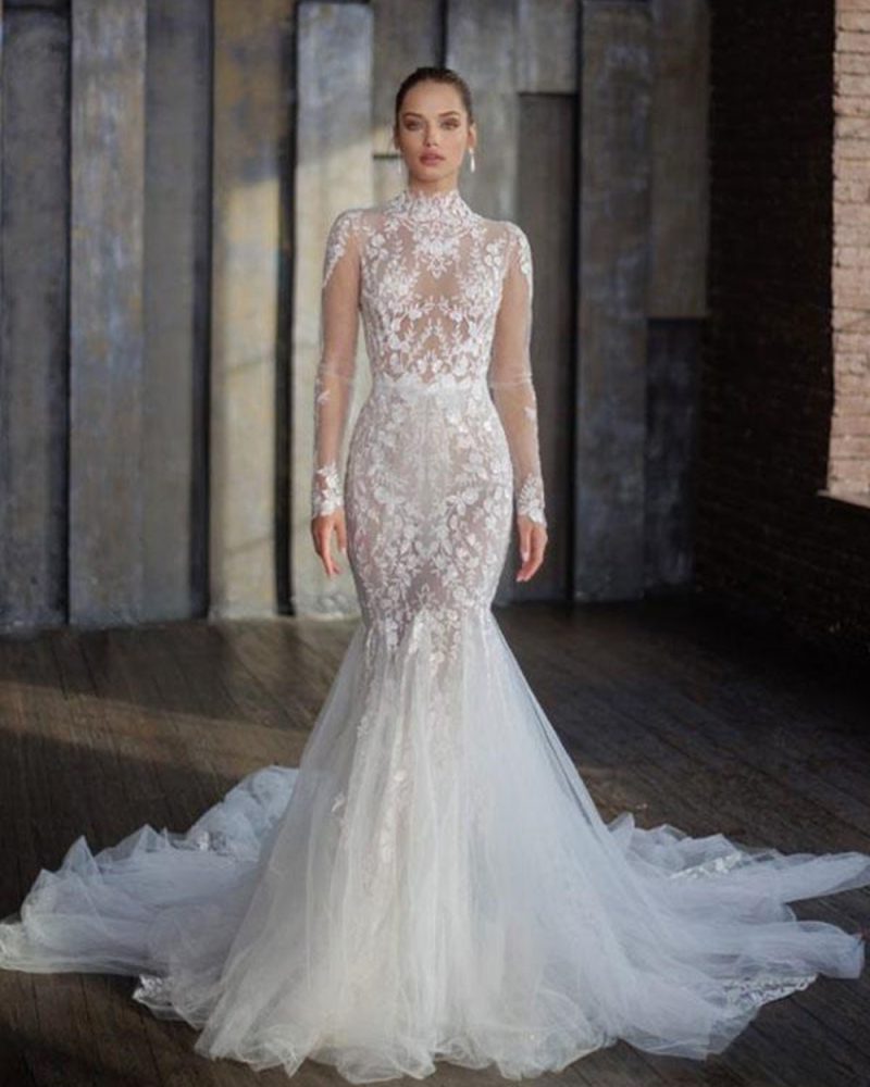 Wedding Dress With Train Long Sleeves Lace High Collar Bridal Gowns