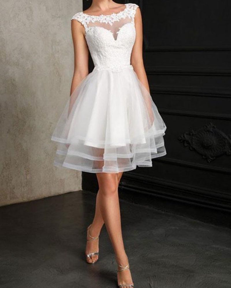 Wedding Dresses A Line Jewel Neck Sleeveless Tulle Short Bridal Dress