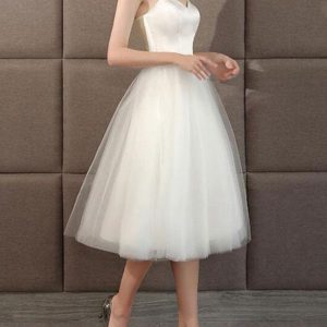 Wedding Dresses Sweetheart Neck Sleeveless A Line Tea Length Short Bridal Dress - Image 2