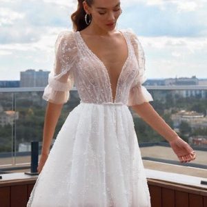 Wedding Dresses V-Neck Short Sleeves A-Line Short Bridal Gowns