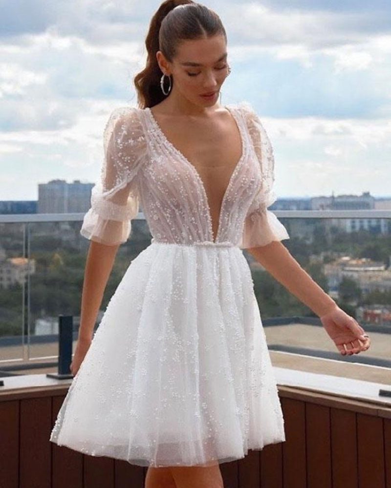 Wedding Dresses V-Neck Short Sleeves A-Line Short Bridal Gowns