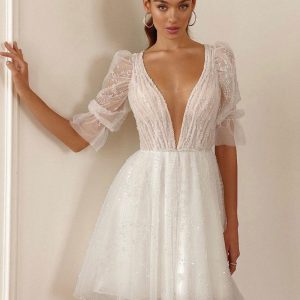 Wedding Dresses V-Neck Short Sleeves A-Line Short Bridal Gowns - Image 3