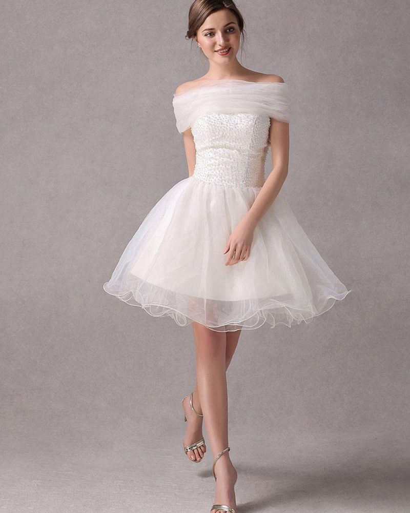 White Strapless A Line Beading Organza Tiered Short Wedding Dress Free Customization