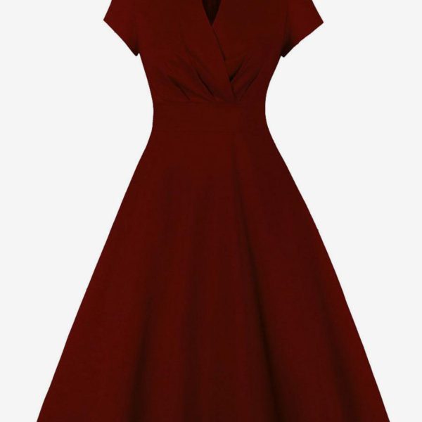 1950s Audrey Hepburn Style Retro Dress Jewel Neck Short Sleeves Midi Rockabilly Dress