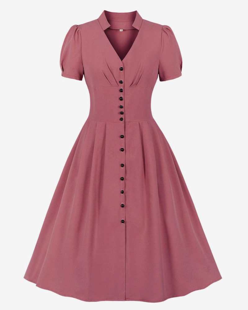 Retro Dress 1950s Audrey Hepburn Style Pink Woman Short Sleeves V-Neck Swing Dress