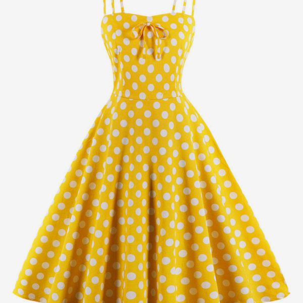 Yellow Vintage Dress Straps Polka Dot Cotton Retro Summer Dress